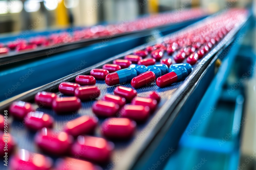 Conveyor belt with capsules in a high tech pharmaceutical factory symbolizing automation and precision in modern medicine captured in a detailed bright environment Conveyor belt with capsules in a high tech pharmaceutical factory symbolizing automation and precision in modern medicine captured in a detailed bright environment