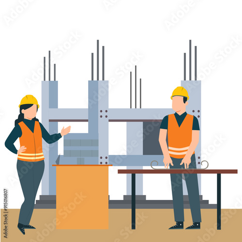 Carpenter and worker at construction site. Vector illustration in flat style