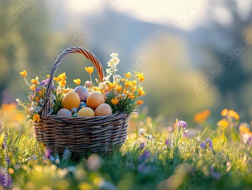 basket of Easter eggs resting in a field of fresh green grass and spring flowers.