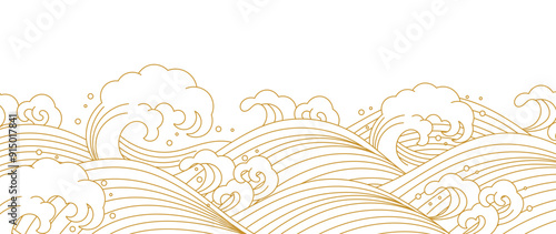 Japanese gold wave background vector. Wallpaper design with gold and white ocean wave pattern backdrop. Modern luxury oriental illustration for cover, banner, website, decor, border.