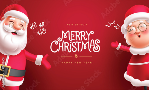 Merry christmas greeting card vector template design. Christmas santa claus and mrs claus characters in waving, singing and happy smiling for red background banner. Vector illustration holiday season 