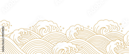Japanese gold wave background vector. Wallpaper design with gold and white ocean wave pattern backdrop. Modern luxury oriental illustration for cover, banner, website, decor, border.