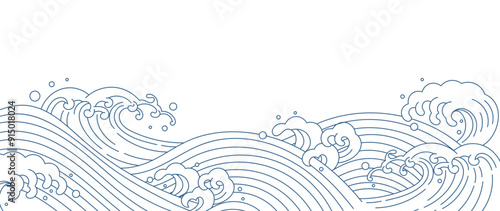 Japanese blue wave background vector. Wallpaper design with blue and white ocean wave pattern backdrop. Modern luxury oriental illustration for cover, banner, website, decor, border.