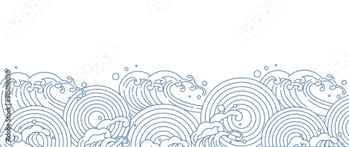 Japanese blue wave background vector. Wallpaper design with blue and white ocean wave pattern backdrop. Modern luxury oriental illustration for cover, banner, website, decor, border.
