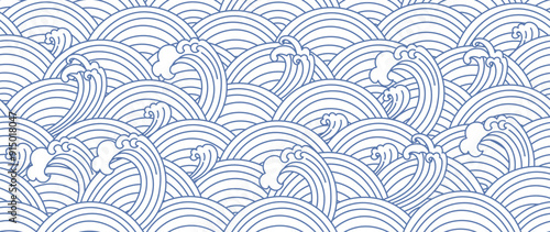 Japanese blue wave background vector. Wallpaper design with blue and white seamless ocean wave pattern backdrop. Modern luxury oriental illustration for cover, banner, website, decor, border.