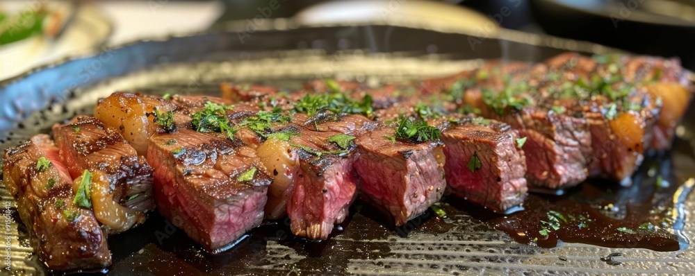 Savor a thick-cut steak with marbled fat, grilled to perfection Savor a thick-cut steak with marbled fat, grilled to perfection