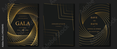 Luxury invitation card background vector. Golden elegant wavy gold line pattern on black background. Premium design illustration for wedding, vip cover template, grand opening, flyer.