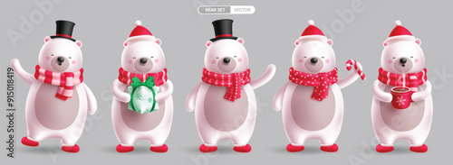 Christmas polar bear characters vector set design. Polar bear christmas cute character holding gift box, coffee and wearing hat and scarf costume collection in isolated background. Vector illustration