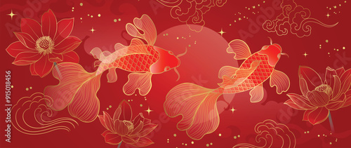 Luxury Chinese background vector. Chinese and Japanese wallpaper pattern design of elegant goldfish, lotus flower on red background. Design illustration for decoration, wall, banner, website, ads.