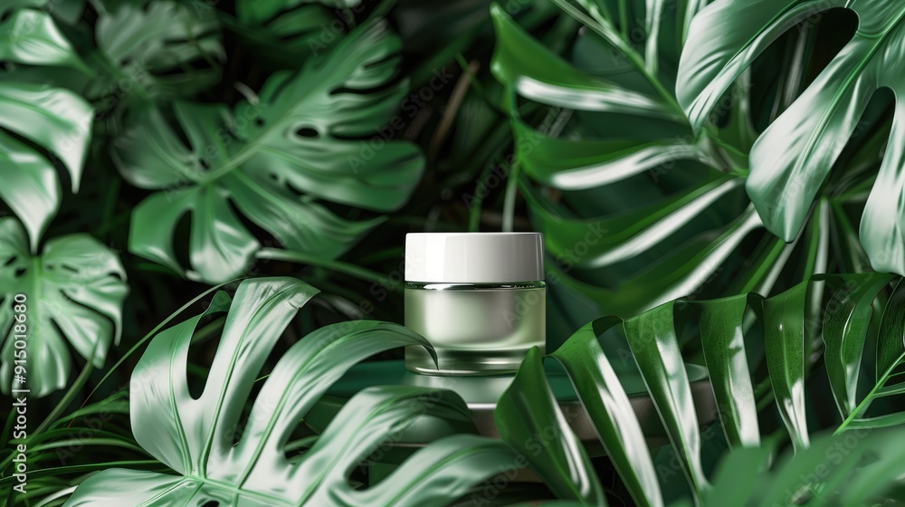 Skincare products displayed among tropical palm leaves for a fresh appearance Skincare products displayed among tropical palm leaves for a fresh appearance