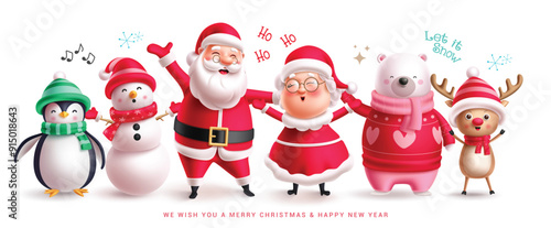 Christmas characters set vector banner design. Santa claus, mrs claus, snowman, penguin, polar bear and reindeer characters singing and smiling christmas character collection. Vector illustration 