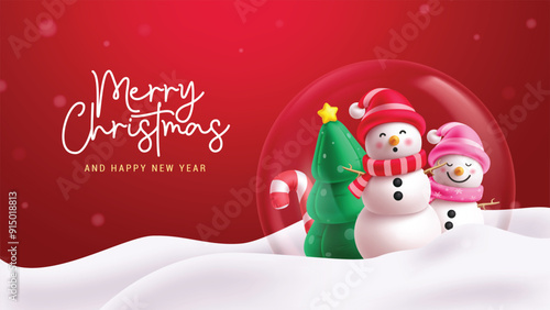 Merry christmas greeting vector banner design. Christmas snowman characters and pine tree inflatable in glass ball elements in snow winter background. Vector illustration holiday season greeting card.