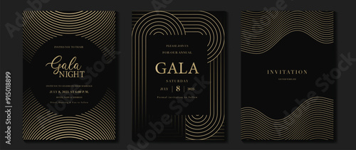 Luxury invitation card background vector. Golden elegant wavy gold line pattern on black background. Premium design illustration for wedding, vip cover template, grand opening, flyer.