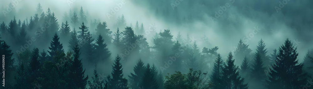 Misty Forest Landscape - Green Pine Trees and Fog Misty Forest Landscape - Green Pine Trees and Fog