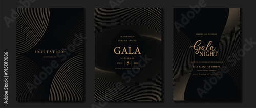 Luxury invitation card background vector. Golden elegant wavy gold line pattern on black background. Premium design illustration for wedding, vip cover template, grand opening, flyer.