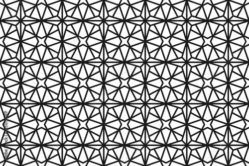 Black and white grid of repeating openwork linear stellate elements. Abstract endless texture with monochrome mosaic ornament. Vector seamless pattern for wrapping paper, giftwrap, tile, stained glass