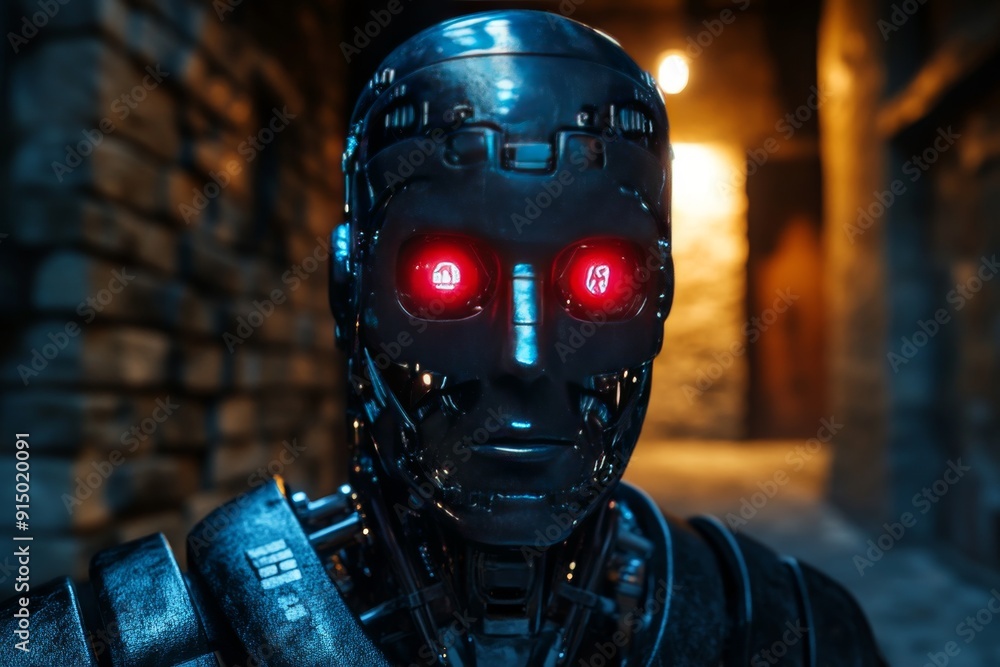 Cyborg with glowing red eyes in a dark industrial setting symbolizing ...