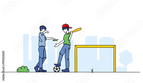 Vector illustration of bullying towards friends. Modern flat in continuous line style.