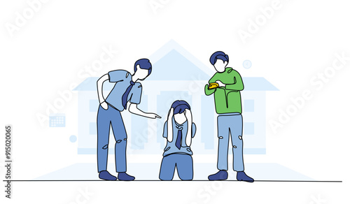 Vector illustration of bullying for social media photos. Modern flat in continuous line style.