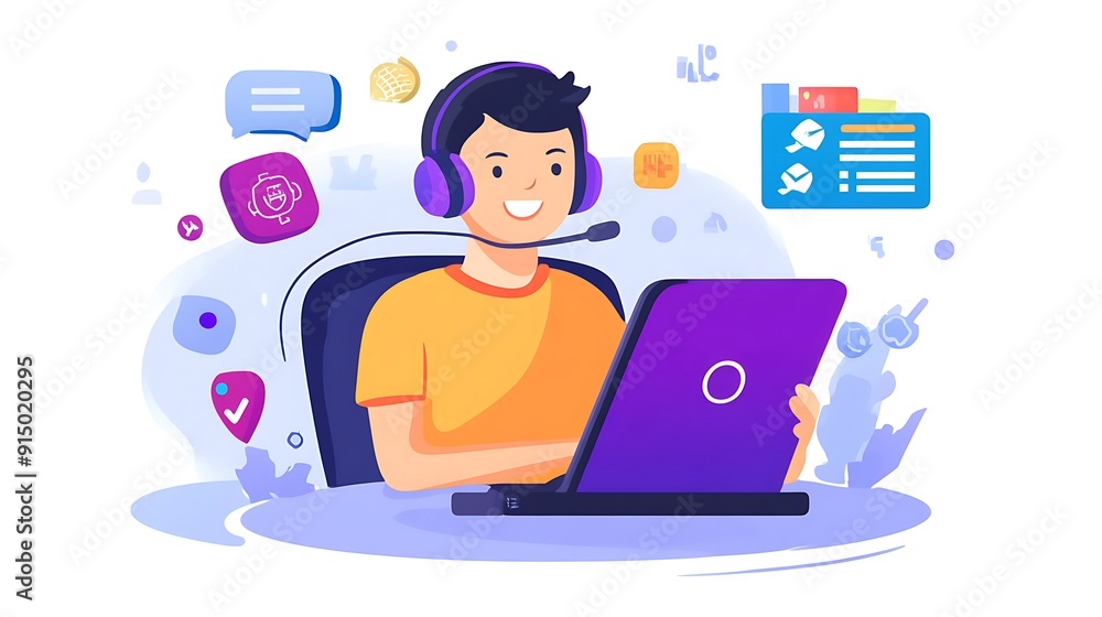 A young Asian male with a joyful expression engages in online gaming or virtual communication, wearing a headset and using a laptop. A young Asian male with a joyful expression engages in online gaming or virtual communication, wearing a headset and using a laptop.