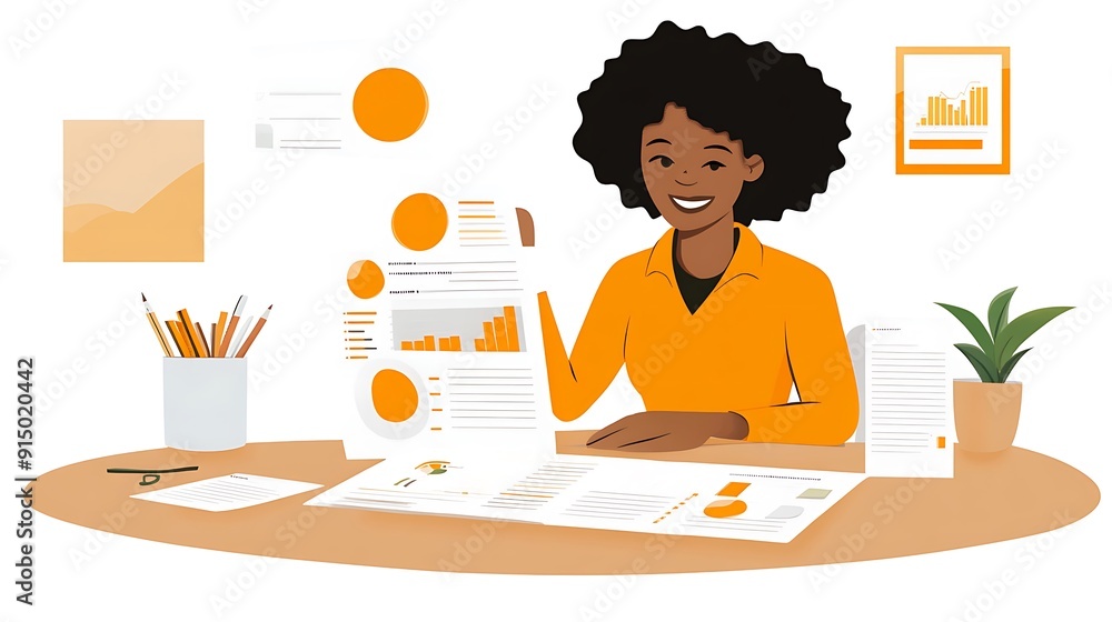A young Black woman with curly hair is working at a modern desk, analyzing data and reports, surrounded by graphs and a potted plant. A young Black woman with curly hair is working at a modern desk, analyzing data and reports, surrounded by graphs and a potted plant.