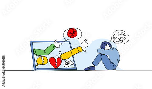 Vector illustration of bullying on social media. Modern flat in continuous line style.