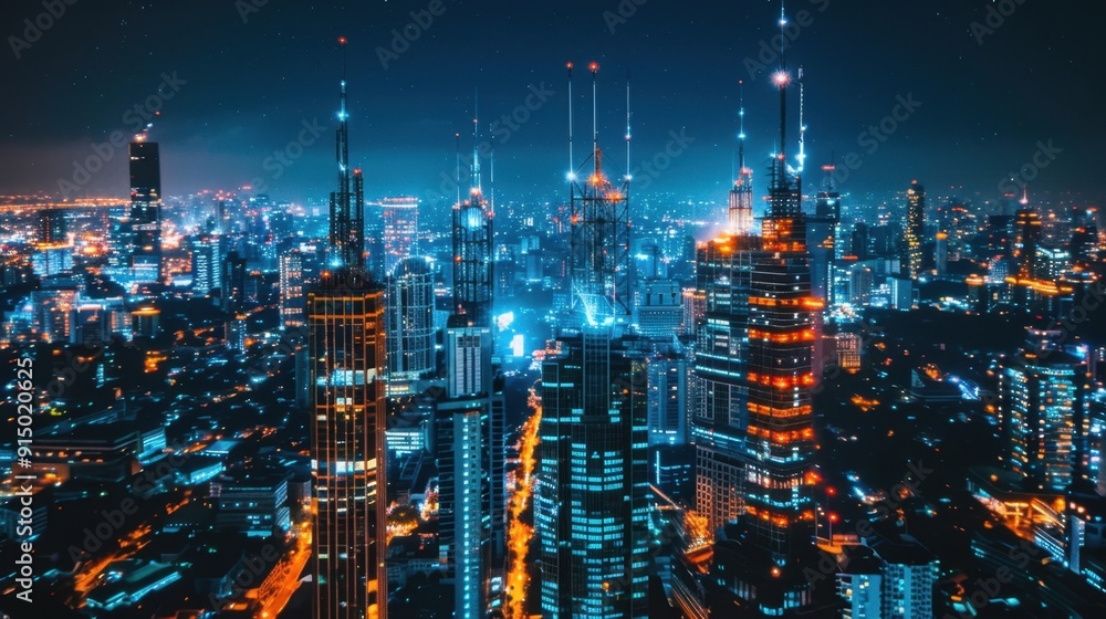 Fototapeta premium Millimeter Waves: High-frequency electromagnetic waves used in 5G networks for ultra-fast data transmission, enabling high-speed internet and advanced connectivity. 