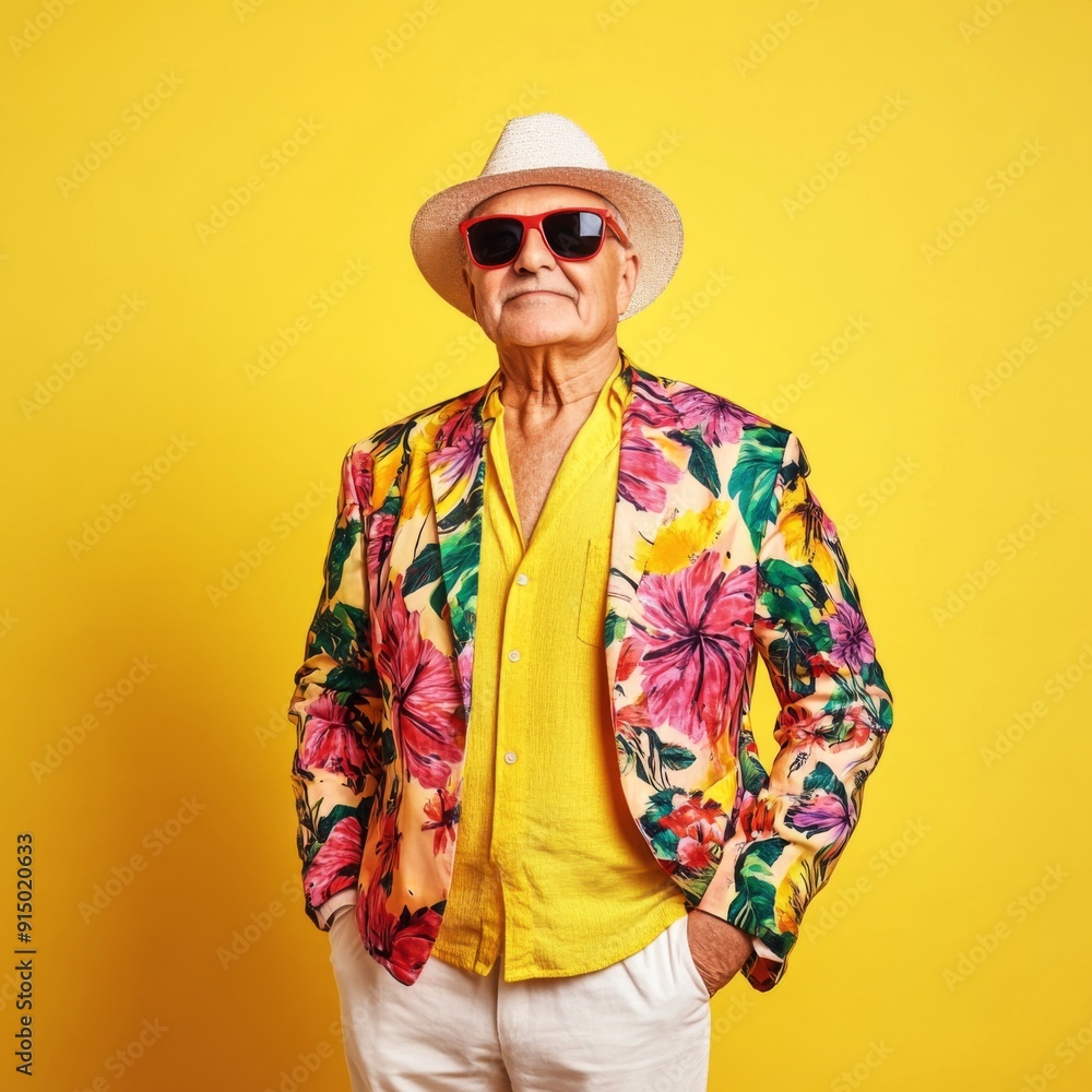 Confident Elderly Gentleman in a Vibrant Print Shirt and Orange Sunglasses Striking a Pose on a Bright Yellow Background, Exuding Style, Confidence, and Personality Confident Elderly Gentleman in a Vibrant Print Shirt and Orange Sunglasses Striking a Pose on a Bright Yellow Background, Exuding Style, Confidence, and Personality