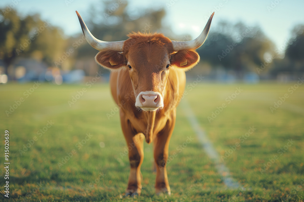 Texas longhorn standing on football field