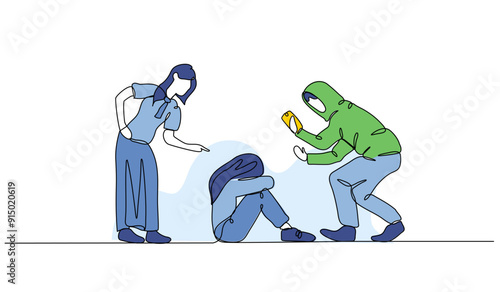 Vector illustration of bullying for social media photos. Modern flat in continuous line style.