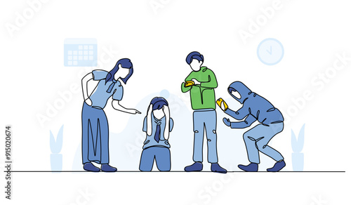 Vector illustration of bullying for social media photos. Modern flat in continuous line style.