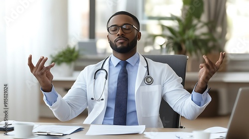 A focused Black male doctor in a white coat practices mindfulness at his desk, surrounded by plants, conveying a sense of calm and professionalism.