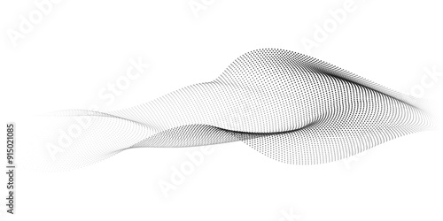 Flowing dots particles wave pattern 3D curve halftone black gradient curve shape isolated on transparent background. Vector in concept of technology, science, music, modern.