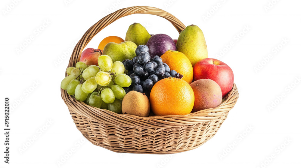 A vibrant assortment of fresh fruits in a woven basket, transparent background A vibrant assortment of fresh fruits in a woven basket, transparent background