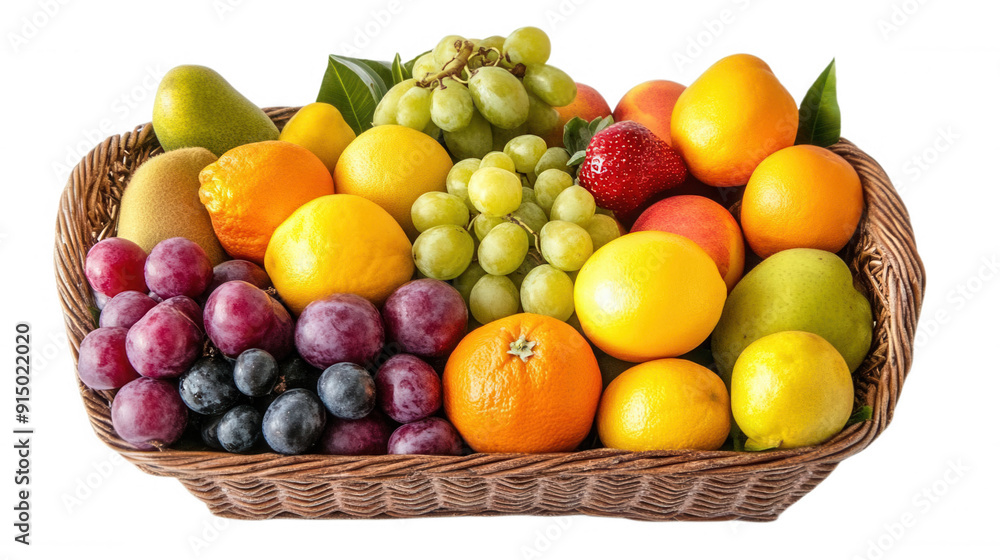 A vibrant assortment of fresh fruits displayed in a woven basket, transparent background A vibrant assortment of fresh fruits displayed in a woven basket, transparent background