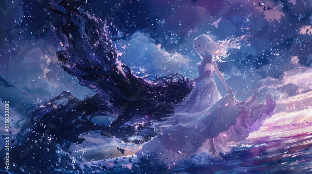 Fototapeta premium pixiv art, watercolors, a woman in white dress with white hair and white shoes gently cradling a black and purple unicorn, magical feeling, purple and teal accents