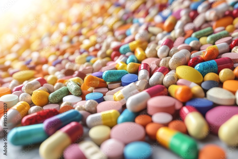 Pile of colorful capsules and tablets symbolizing the overwhelming presence of pharmaceuticals in modern life captured in a bright detailed image with a focus on diversity Pile of colorful capsules and tablets symbolizing the overwhelming presence of pharmaceuticals in modern life captured in a bright detailed image with a focus on diversity