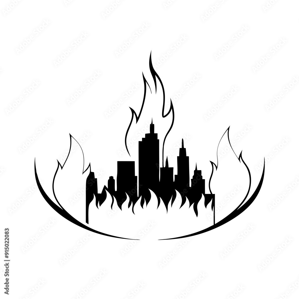 Cityscape engulfed in flames: black line art illustration of urban destruction Cityscape engulfed in flames: black line art illustration of urban destruction