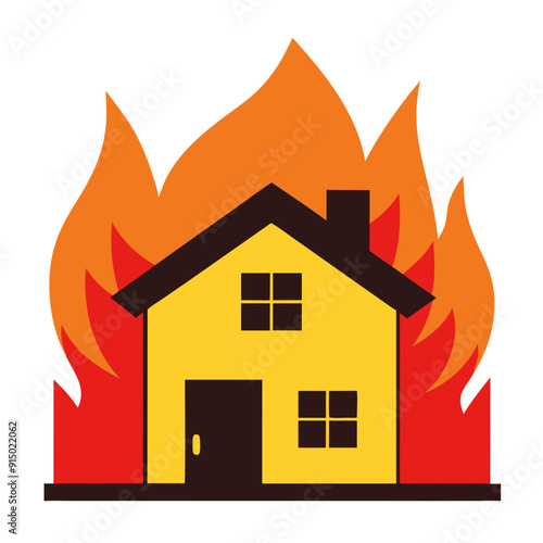 yellow and black cartoon house completely consumed by fire flames burning