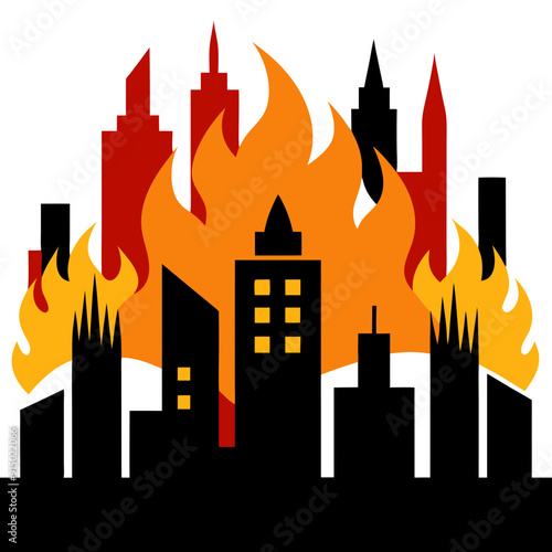 silhouette cityscape in flames, ablaze, on fire, urban inferno consumes buildings