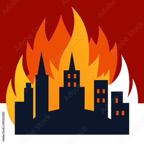 cityscape overwhelmed by flames, on fire, ablaze, skyline silhouette urban disaster unfolding