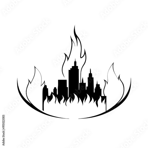 Cityscape engulfed in flames: black line art illustration of urban destruction