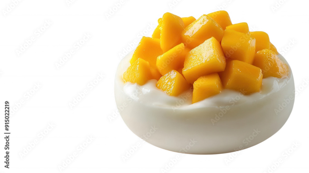 Fresh yogurt topped with juicy mango cubes, transparent backgroundoption. Fresh yogurt topped with juicy mango cubes, transparent backgroundoption.