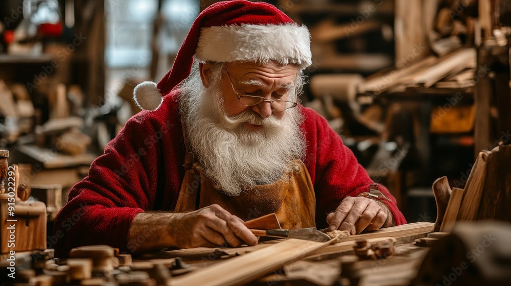 Santa claus crafting wooden gifts in carpentry workshop for children during the holiday season Santa claus crafting wooden gifts in carpentry workshop for children during the holiday season