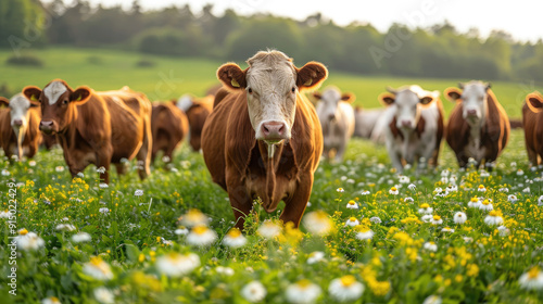 cows grazing in a lush meadow filled with wildflowers under soft, golden sunlight. The cows are standing calmly in a line, with the focus on the closest cow in the center