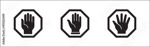 Hands icon set. Hand stop signs. Palm hand inside polygon sign. Raise hand sign. Hands gesture symbol. Vector graphic design illustration isolated in white background.