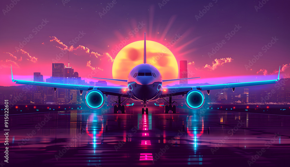 Fototapeta premium Retro 1980s synth-wave glowing neon lights plane with sun and city skyline. synth-wave skyline. Illustrations design