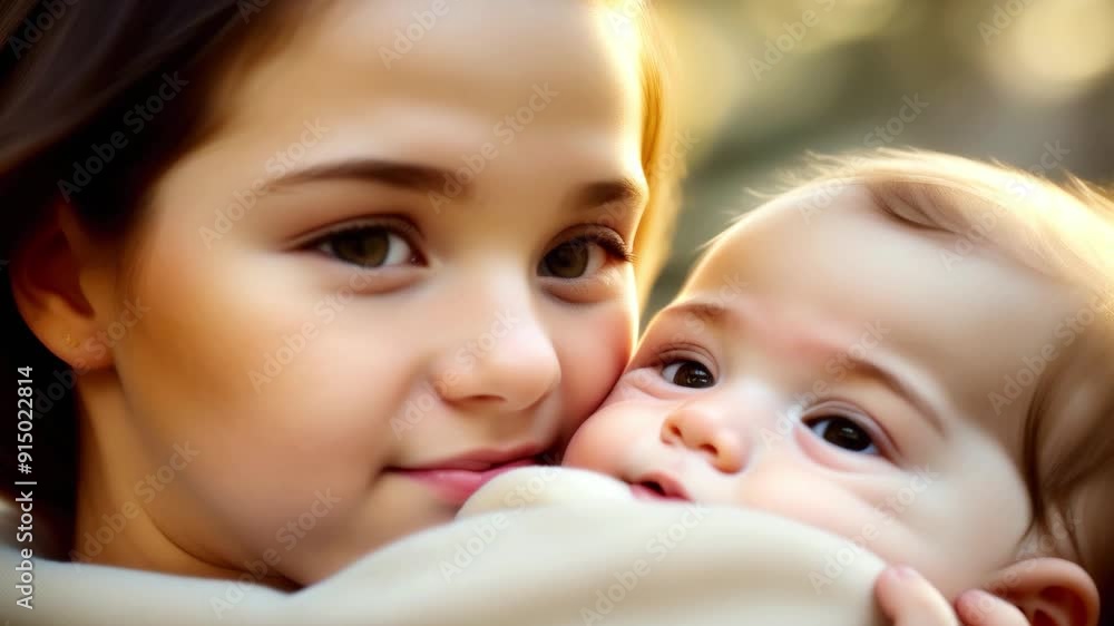 Tender moment between older sister holding baby sibling in arms, loving bond, family connection, warm embrace, soft lighting, childhood innocence, nurturing care, sibling relationship video
