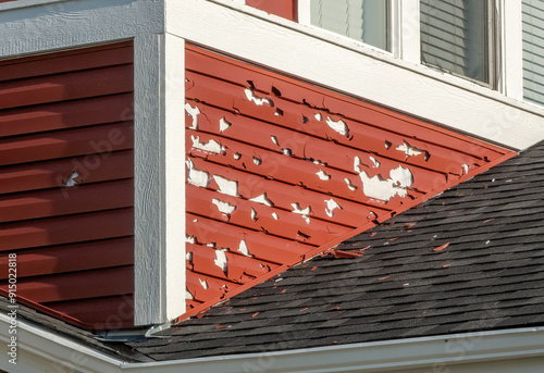Canvas Print A close-up of a building's exterior shows red siding with extensive hail damage, exposing the underlying white surface