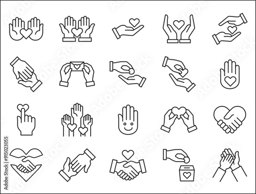 Charity and donation icon set. Aids icons. Charity hands icon. Giving hand sign. Helping hand symbol. Vector stock illustration outline style. Contains symbol of volunteer, donate, compassion, funding